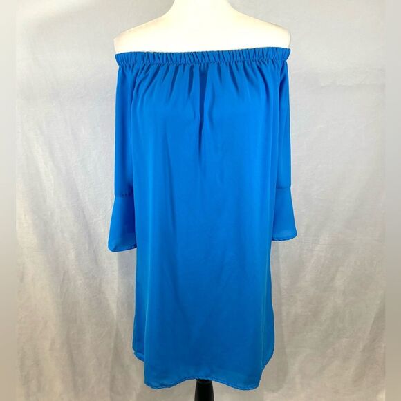 Blue on or off shoulder bell sleeve dress size medium - Picture 1 of 6
